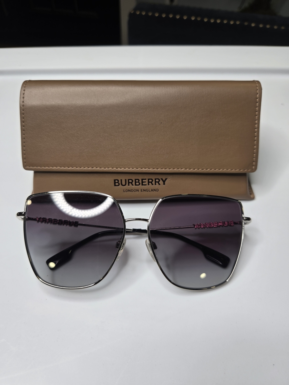 Burberry Silver Metal Sunglasses with Gradient Purple Lenses